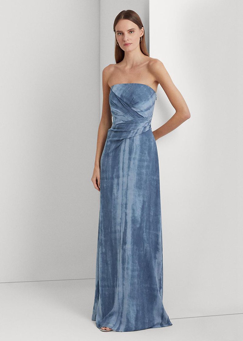 Sukienka Lauren Damska Niebieskie Tie-Dye-Print Georgette Strapless Gown 861743-GLB